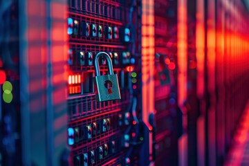 Digital security concept with a padlock on a data server in a vibrant neon environment