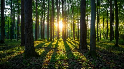 Obraz premium Enchanted Forest at Dawn, a serene woodland illuminated by gentle morning light, creating a mystical atmosphere with soft shadows and vibrant foliage.