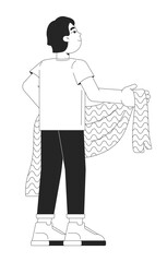 Asian young boy holding blanket black and white 2D line character. Standing back view schoolboy japanese little isolated vector outline person. Backstage kid. Monochromatic spot illustration