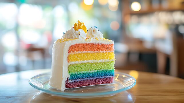 Colorful Rainbow Cake in Cheerful Cafe Setting with Bright Natural Light
