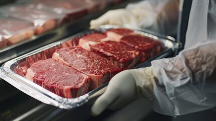 Gloved hands displaying a tray of fresh marbled beef steaks ready for packaging in a pristine, professional setting.