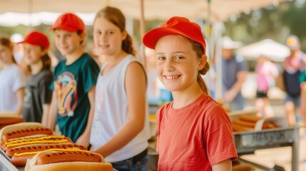 Kids operating a charity hotdog stand, engaging in entrepreneurial activities, fostering teamwork, and contributing to their community on a special fundraising day
