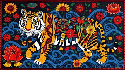 Obraz premium Pattern with tiger, Abstract painting, tiger pattern, flower ornament pattern.seamless pattern with tiger, and flowers
