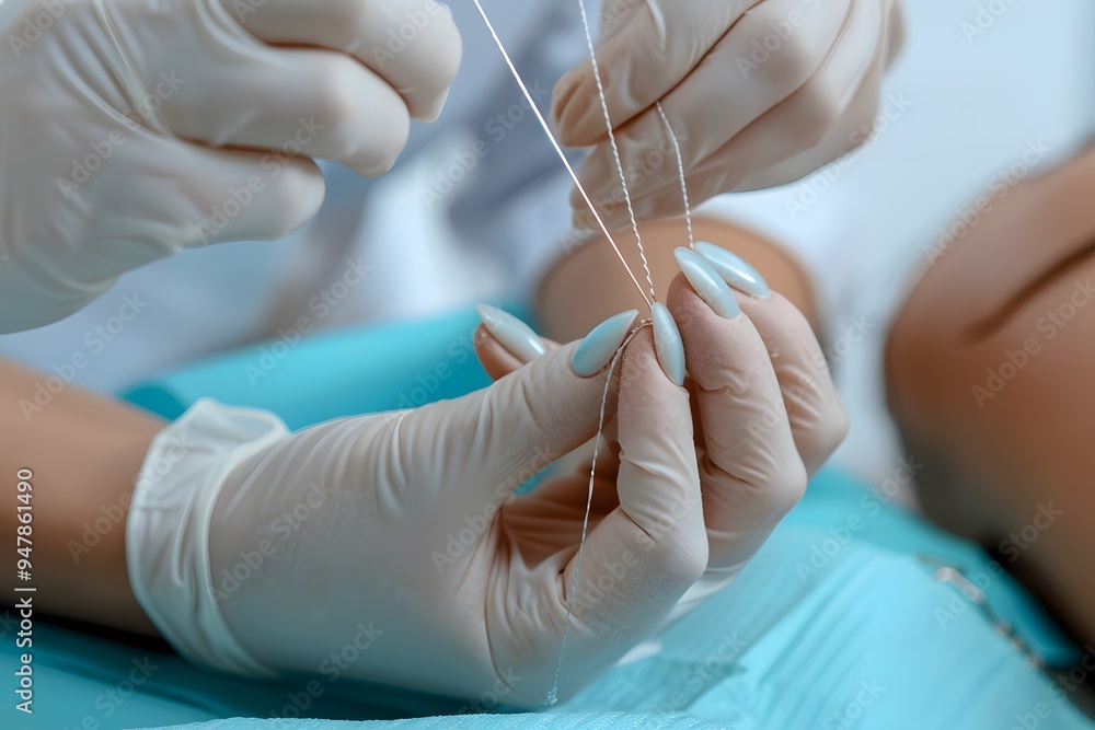 Poster precision in action: a close-up of a medical procedure involving threading