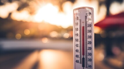 Hot Summer Weather: Thermometer with Sun Background, Rising Temperatures: Thermometer and Sun in Summer Heat, Summer Heatwave: Thermometer Indicating Hot Weather