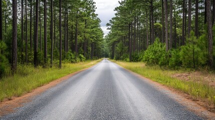 Fototapeta premium Gravel road meandering through a serene pine forest, enveloped in rustic charm, inviting exploration and tranquility amidst nature's embrace