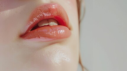 Fototapeta premium Close-up of glossy, slightly parted lips, exuding sensuality and natural beauty, with a delicate mix of textures and light.