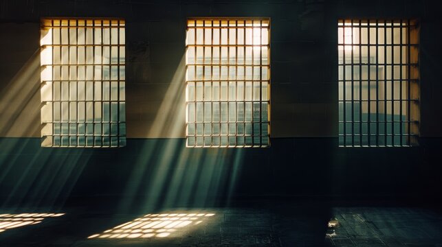 Sunlight beams streaming through barred windows into a dark, somber interior, creating a compelling juxtaposition of light and shadow.