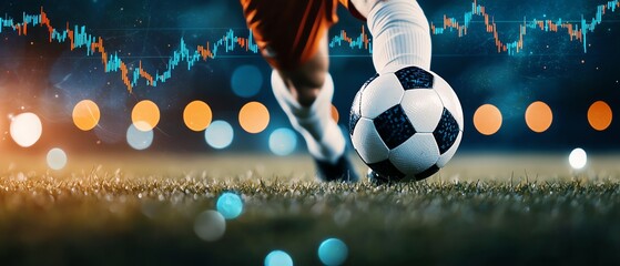 Soccer player kicking a ball, captured from a low angle on grass, with an overlay of blue and orange stock market charts, intense cinematic lighting, with ample copy space for text