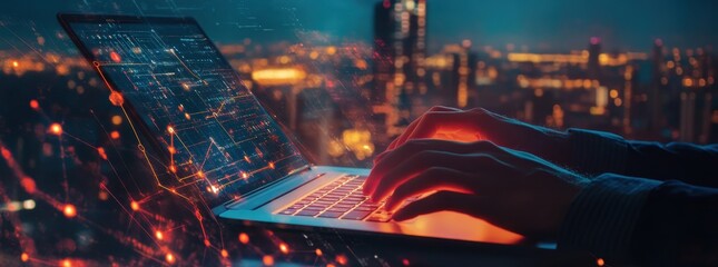 Computer scientist testing algorithms in data facility server racks digital technology IT support telecommunication network infrastructure management concept