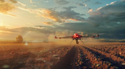 Fototapeta premium Drone Seeding Futuristic Technology Enhances Agriculture with Dramatic Skyline
