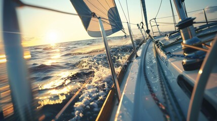 A sleek sailboat cutting through waves during a sunset, capturing the essence of maritime adventure and the thrill of the open sea.