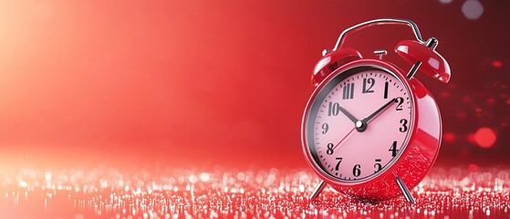 Vivid red alarm clock placed on a digital interface, highlighting the urgency of time management in the digital age, with ample copy space for text