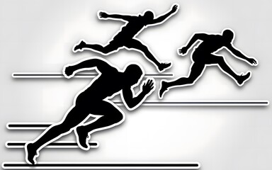 Silhouettes of a sprinter running, a long jumper leaping, and a hurdler jumping, placed like stickers on a white background.