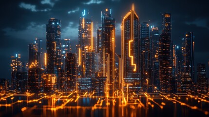 Futuristic Cityscape with Glowing Neon Lights and High-Tech Skyscrapers at Night