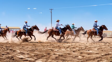 A dynamic scene of five cowboys racing on horses, creating plumes of dust under the clear blue sky at a rodeo event.