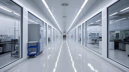 Fototapeta premium Modern Industrial Science Laboratory Clean Room Interior with Doors, High-Tech Clean Room in Industrial Science Lab, Pristine Laboratory Interior with Modern Equipment