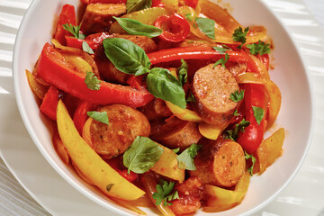 zesty italian sausage peppers and onions, top view