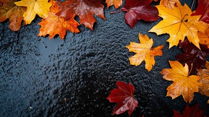 Obraz premium Autumn leaves scattered on wet asphalt after rain.