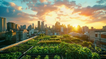 Naklejka premium Sustainable Serenity Urban Rooftop Farm Oasis Brimming with Lush Greenery at Sunset