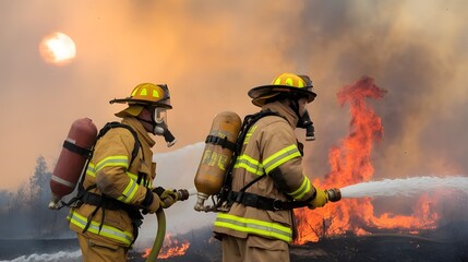 Fototapeta premium Firefighters Battling Intense Forest Fire Amid Climate Change, Team of Firefighters Fighting Devastating Wildfire, Forest Fire Emergency Response Team in Action