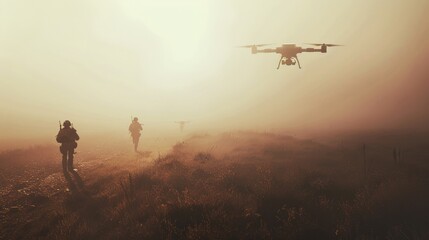 Silhouettes of soldiers and a drone navigate through a foggy landscape at dawn, creating a scene of technological warfare shrouded in mystery.