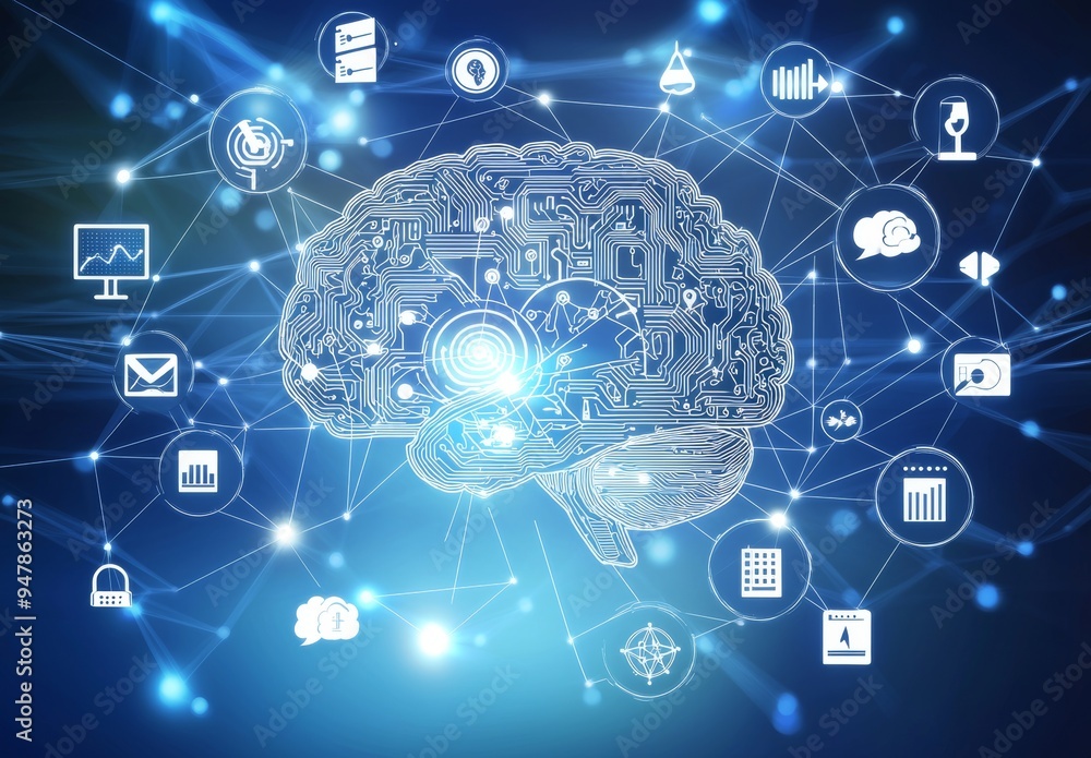 Poster wireframe brain with circuit electronic graphic, binary code and technology icons background. machin