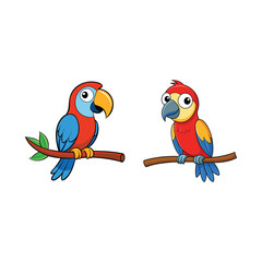 colorful parrots on a branch vector, isolated on white background, parrots vector, vector style
