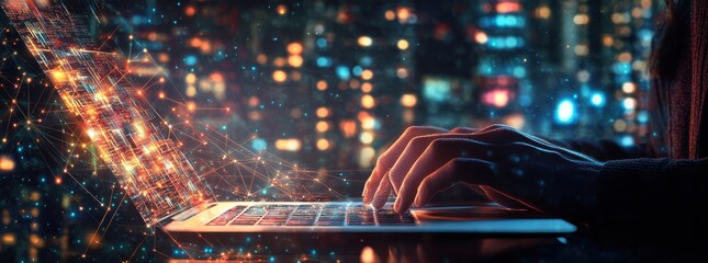 Big data engineer implementing machine learning in data center background server racks digital technology database research telecommunication systems concept