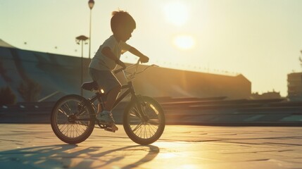 Fototapeta premium A silhouette of a child joyfully riding a bicycle during sunset, with warm sunlight casting a golden hue over the scene.