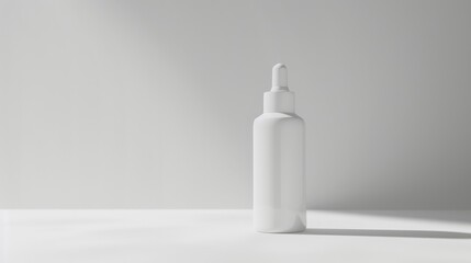 A minimalist, white dropper bottle is highlighted by soft shadows against an equally white...