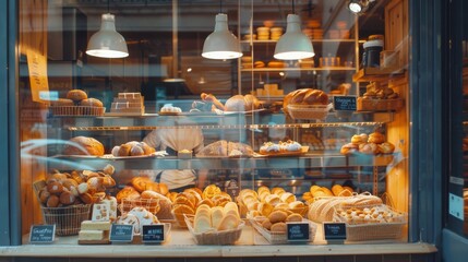 A bakery display with artisanal bread and pastries, illuminated by warm lighting, inviting customers in with a cozy, delectable atmosphere.
