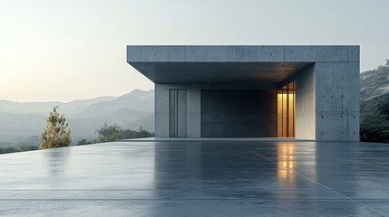 Fototapeta premium Modern Minimalist Concrete House with Mountain View at Sunset