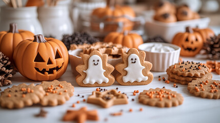 Halloween gingerbread cookies with pumpkins and ghosts on wooden background