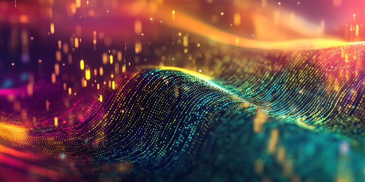 A dynamic big data background with a digital grid overlay, flowing binary code, and vibrant, colorful data visualizations.