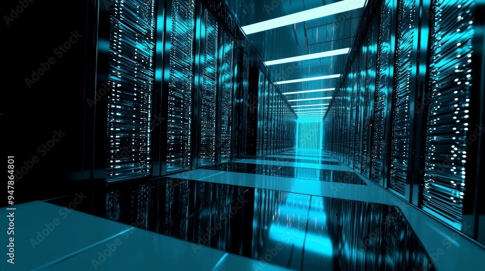 Poster a view of a corridor with rack servers and supercomputers visible with a skull icon visualization in