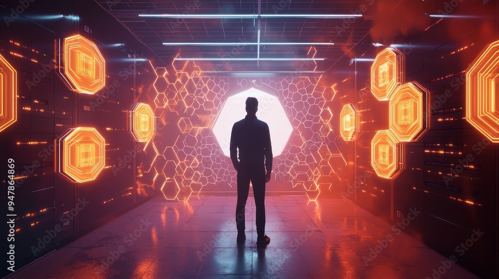 Poster it engineer in a working data center server room with cloud and internet icon visualisation.