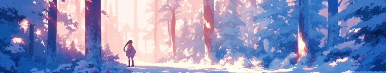 Enchanting Anime-Style Winter Forest: Magical Snowy Night Scene with Glowing Lights. Dreamy Christmas Atmosphere for Holiday Marketing, Cultural Themes, and Graphic Design. Serene Landscape with Copys