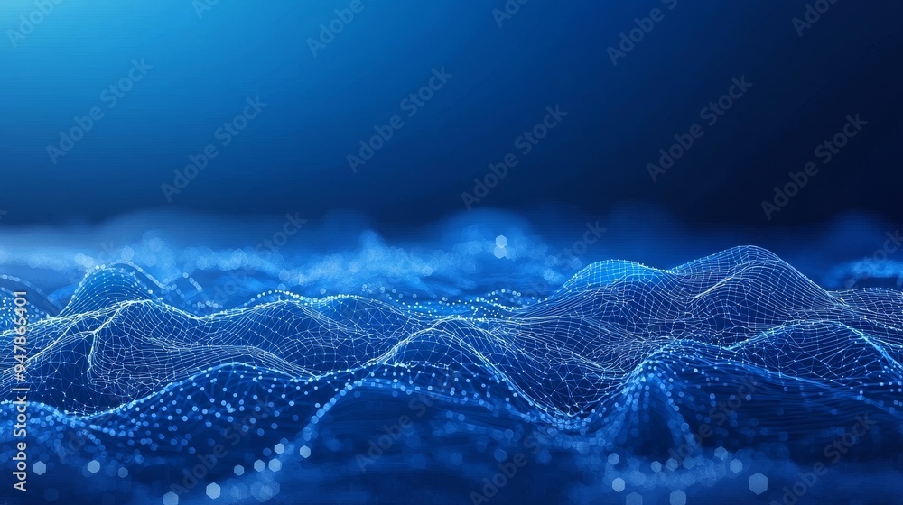 Poster a wave of particles on a dark background with connecting dots and lines. data technology illustratio