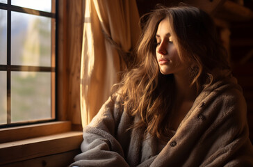 Obraz premium Woman sitting in window sill looking out