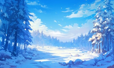 Enchanting Anime-Style Winter Forest: Magical Snowy Night Scene with Glowing Lights. Dreamy Christmas Atmosphere for Holiday Marketing, Cultural Themes, and Graphic Design. Serene Landscape with Copys