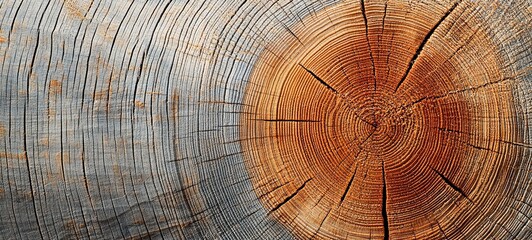 Fototapeta premium Tree rings old weathered wood texture with cross section of chopped log. 