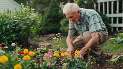An elderly man tends to his colorful garden, surrounded by blooming flowers and green foliage, embodying peaceful and dedicated gardening.