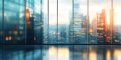 A polished business background with a high-rise city skyline and a blurred office setting in the foreground.