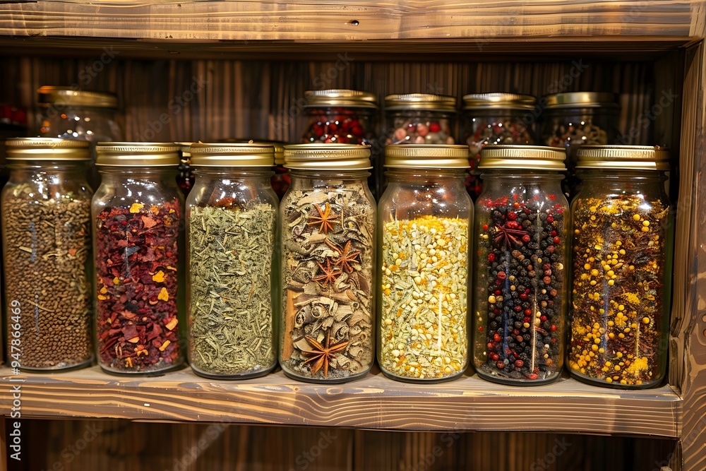 Poster a colorful array of spices in glass jars on a wooden shelf