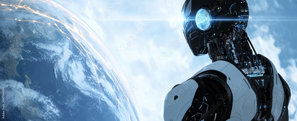 Poster robot woman using digital sphere hologram rendering in 3d
