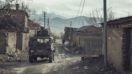 Fototapeta premium A rugged military vehicle navigates a dirt road in a war-torn village, set against a backdrop of barren buildings and distant mountains.