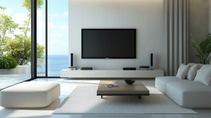 Chic minimalist living room interior, with a flat-screen TV, minimalist seating, and a focus on clean lines and uncluttered surfaces.