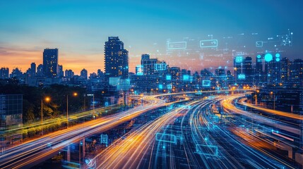 Fototapeta premium City skyline at dusk with technology symbols and light trails, capturing the essence of modern business innovation.