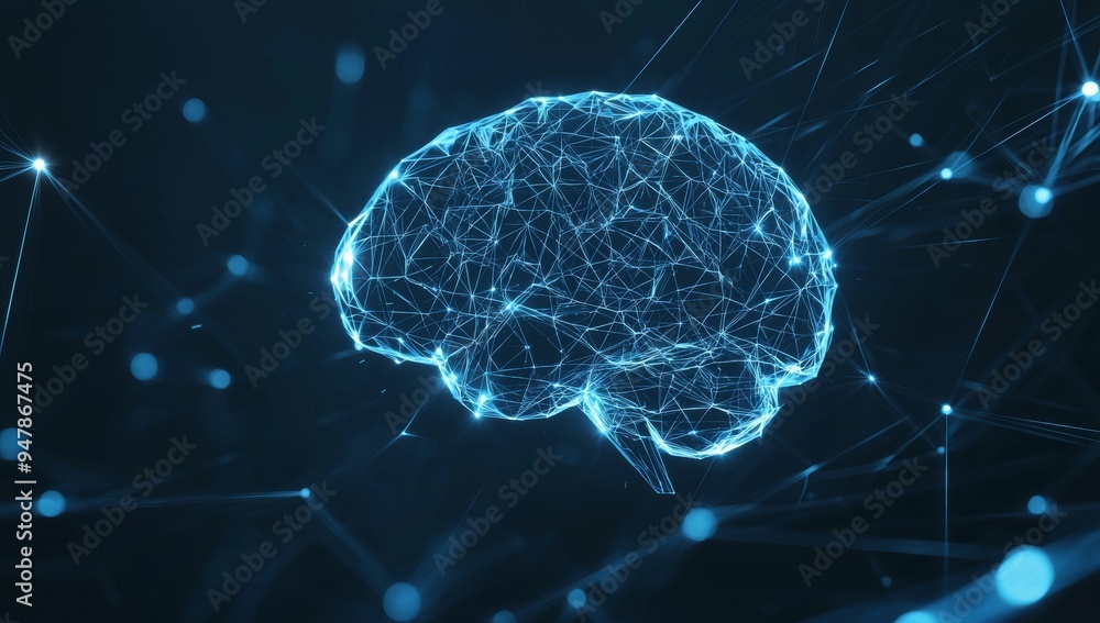 Poster 3d render of an abstract wireframe net graphic brain made up of machine learning, fog calculations, 